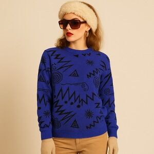 Vintage 80s Andrew St John Sweater Blue Black Abstract Geometric Knit Pullover M